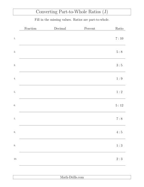 The Converting from Part-to-Whole Ratios to Fractions, Decimals and Percents (J) Math Worksheet