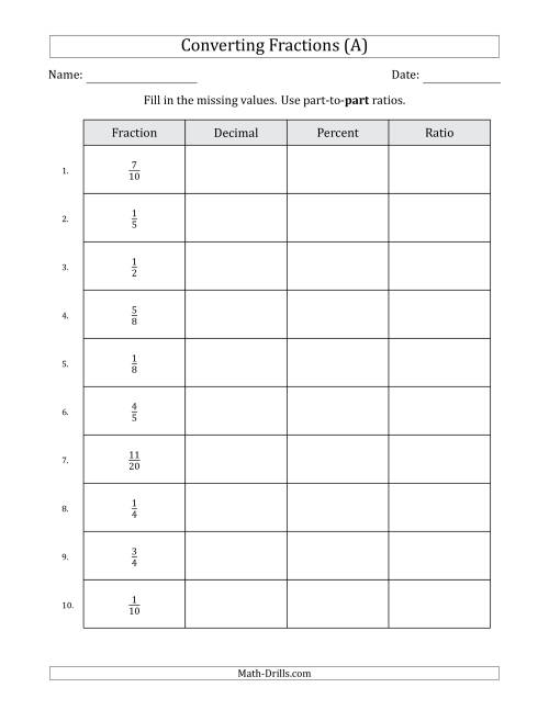 Converting from Fractions to Decimals, Percents and Part-to-Part With Fraction Decimal Percent Worksheet Pdf