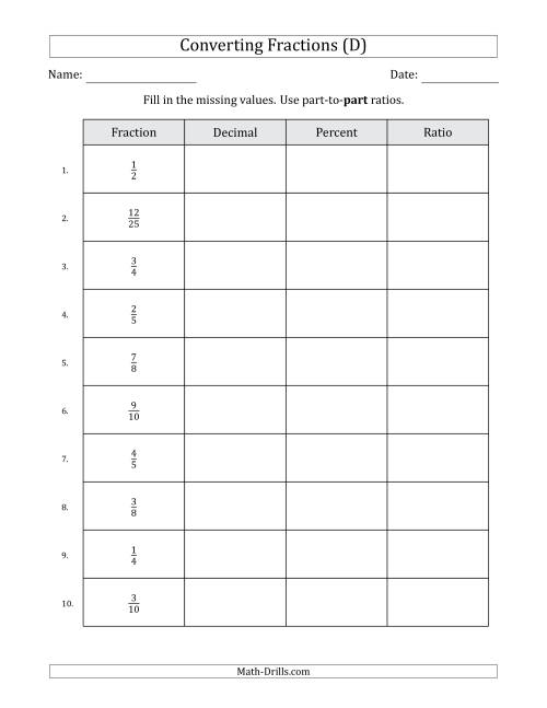 The Converting from Fractions to Decimals, Percents and Part-to-Part Ratios (Terminating Decimals Only) (D) Math Worksheet