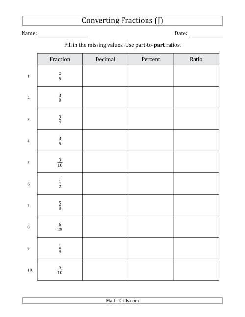 The Converting from Fractions to Decimals, Percents and Part-to-Part Ratios (Terminating Decimals Only) (J) Math Worksheet