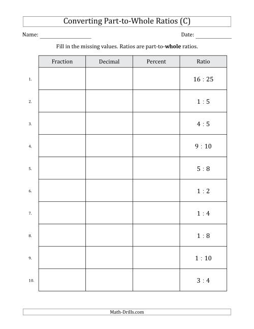The Converting from Part-to-Whole Ratios to Fractions, Decimals and Percents (Terminating Decimals Only) (C) Math Worksheet