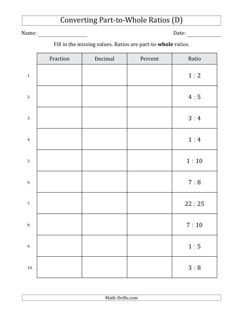 The Converting from Part-to-Whole Ratios to Fractions, Decimals and Percents (Terminating Decimals Only) (D) Math Worksheet