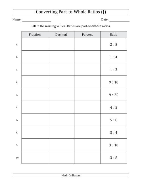 The Converting from Part-to-Whole Ratios to Fractions, Decimals and Percents (Terminating Decimals Only) (J) Math Worksheet