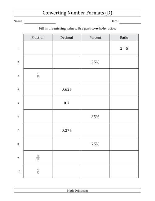 The Converting Between Fractions, Decimals, Percents and Part-to-Whole Ratios (Terminating Decimals Only) (D) Math Worksheet