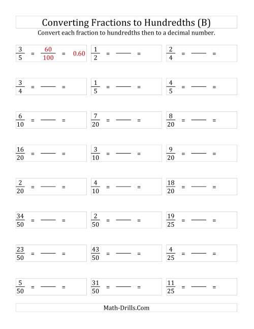 The Converting Fractions to Hundredths (B) Math Worksheet