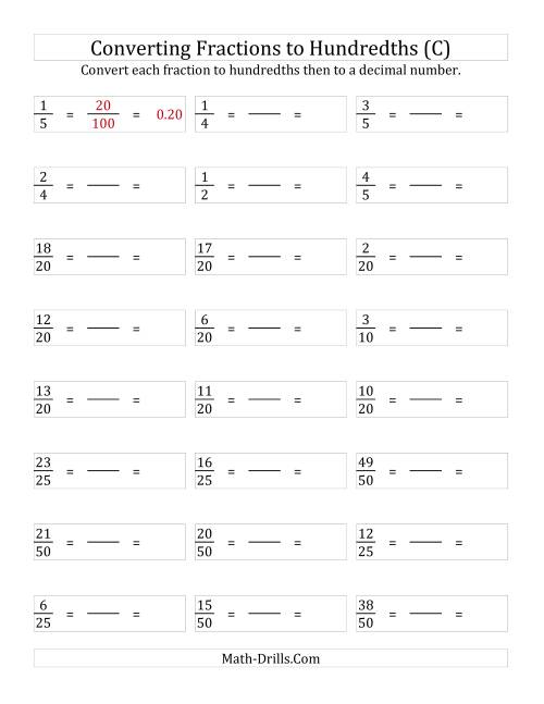 The Converting Fractions to Hundredths (C) Math Worksheet