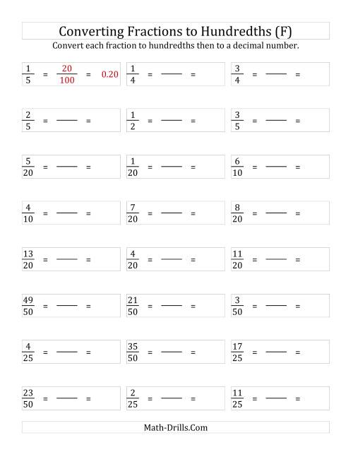 The Converting Fractions to Hundredths (F) Math Worksheet