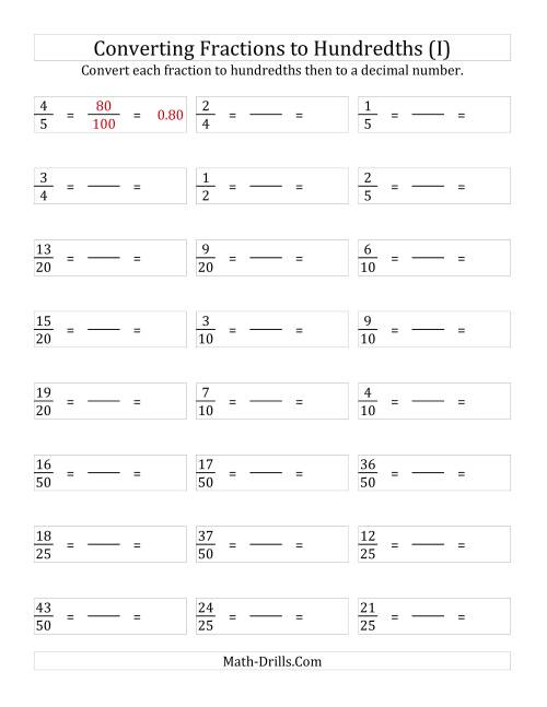 The Converting Fractions to Hundredths (I) Math Worksheet