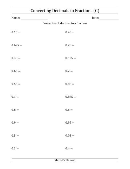 The Converting Terminating Decimals to Fractions (G) Math Worksheet