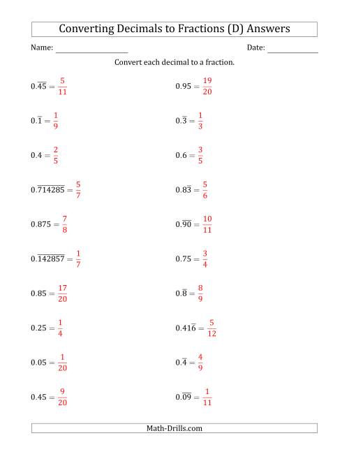 The Converting Terminating and Repeating Decimals to Fractions (D) Math Worksheet Page 2