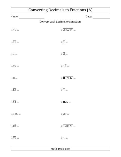 The Converting Terminating and Repeating Decimals to Fractions (All) Math Worksheet