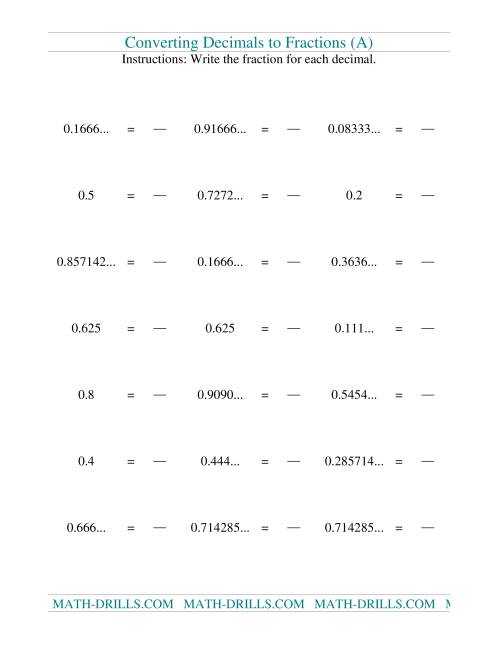 The Converting decimals to fractions (Old) Math Worksheet