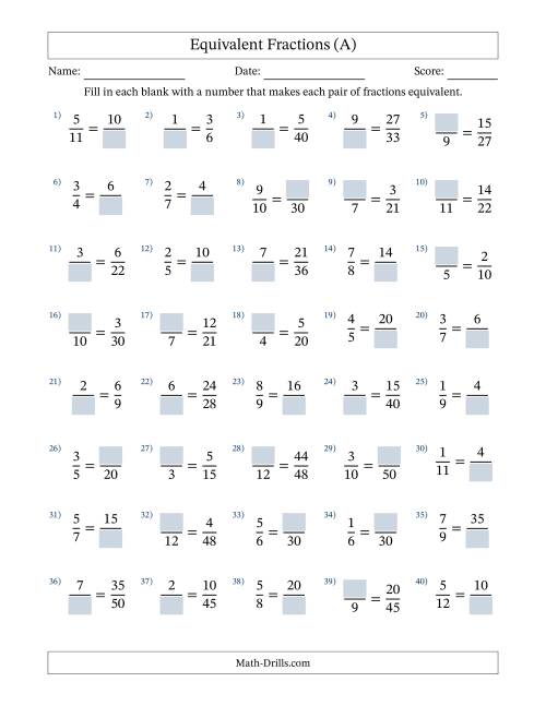 The Missing Numbers in Equivalent Fractions (A) Math Worksheet