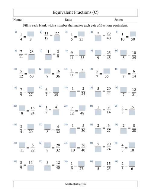 The Missing Numbers in Equivalent Fractions (C) Math Worksheet