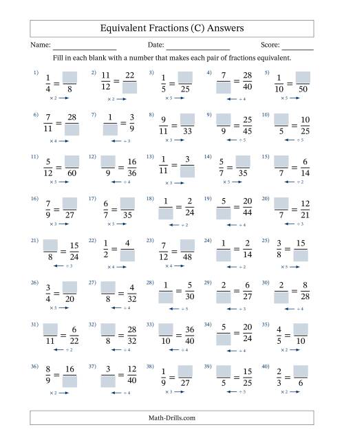 The Missing Numbers in Equivalent Fractions (C) Math Worksheet Page 2