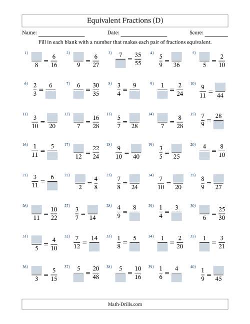 The Equivalent Fractions with Blanks (Multiply Right or Divide Left) (D) Math Worksheet