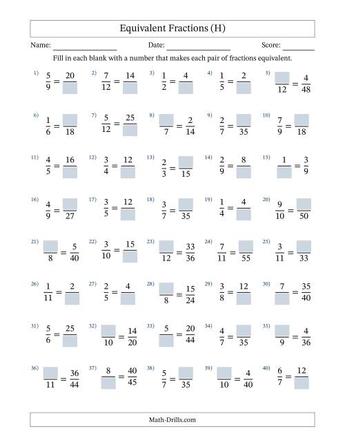 The Missing Numbers in Equivalent Fractions (H) Math Worksheet