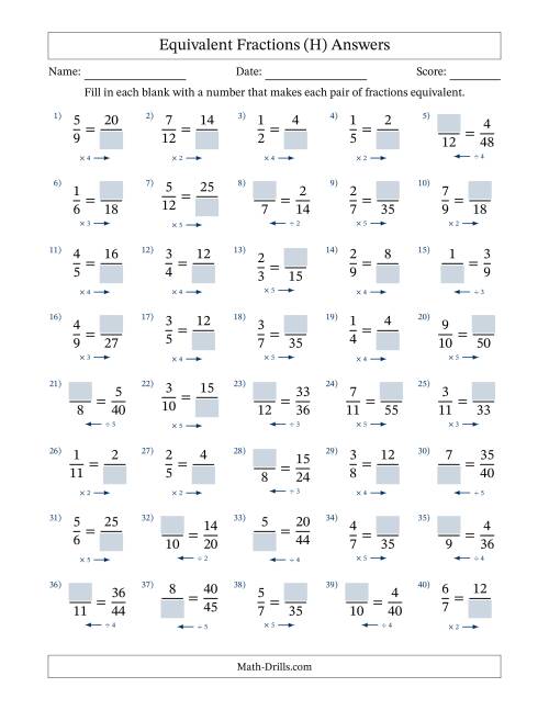 The Missing Numbers in Equivalent Fractions (H) Math Worksheet Page 2