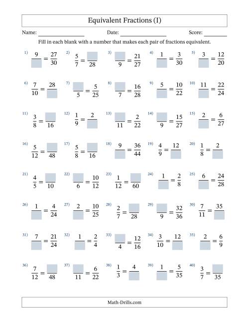 The Missing Numbers in Equivalent Fractions (I) Math Worksheet