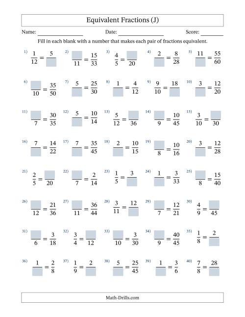 The Equivalent Fractions with Blanks (Multiply Right or Divide Left) (J) Math Worksheet
