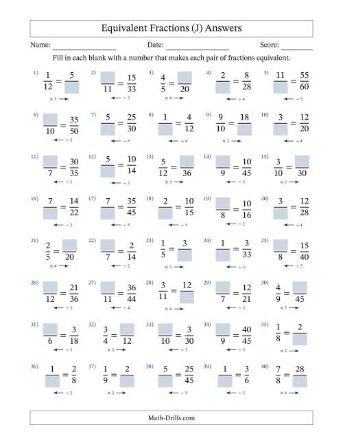 The Equivalent Fractions with Blanks (Multiply Right or Divide Left) (J) Math Worksheet Page 2