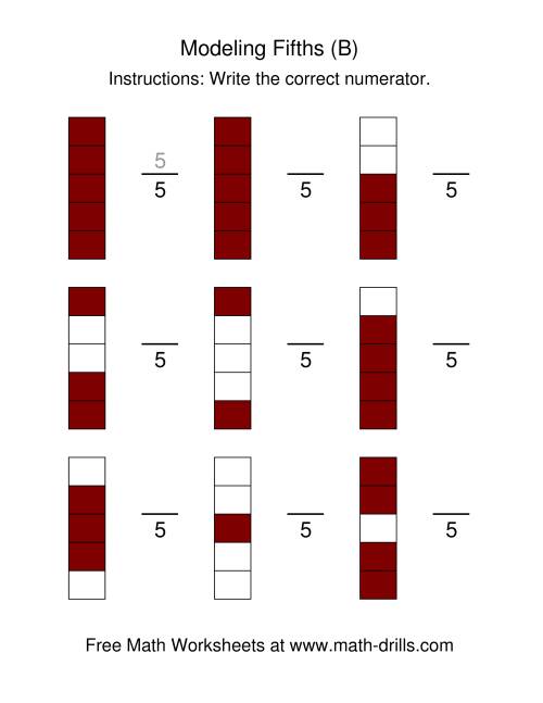 The Modeling Fractions -- Fifths (B) Math Worksheet