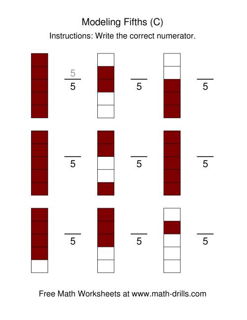 The Modeling Fractions -- Fifths (C) Math Worksheet