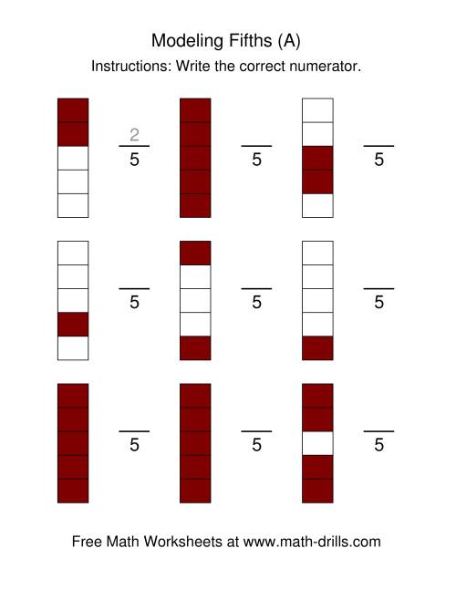 The Modeling Fractions -- Fifths (All) Math Worksheet