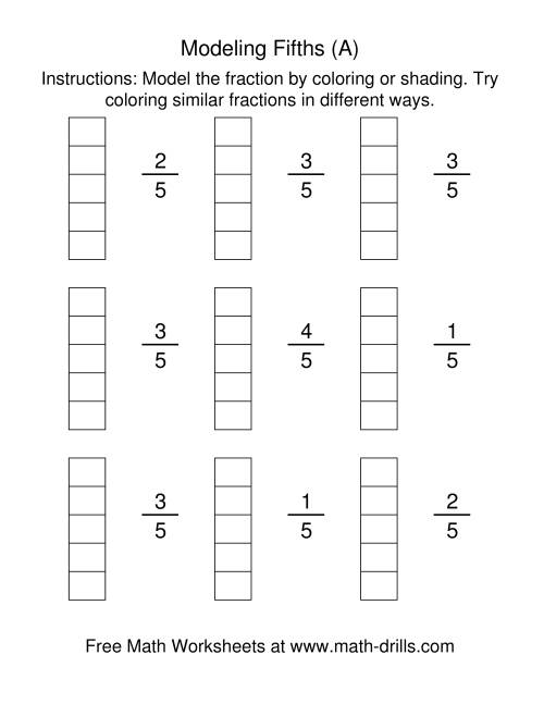 The Coloring Fraction Models -- Fifths (A) Math Worksheet