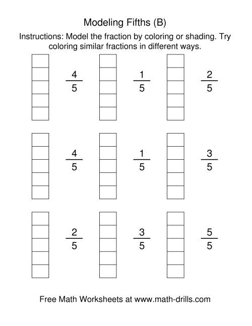 The Coloring Fraction Models -- Fifths (B) Math Worksheet