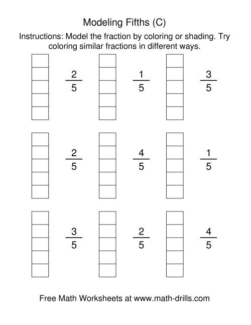 The Coloring Fraction Models -- Fifths (C) Math Worksheet