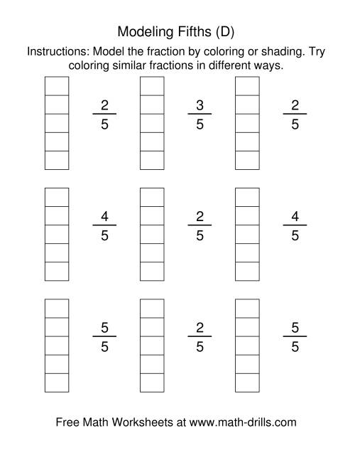 The Coloring Fraction Models -- Fifths (D) Math Worksheet