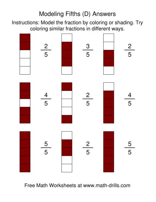 The Coloring Fraction Models -- Fifths (D) Math Worksheet Page 2