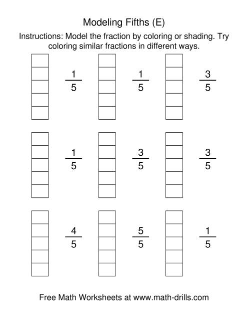 The Coloring Fraction Models -- Fifths (E) Math Worksheet