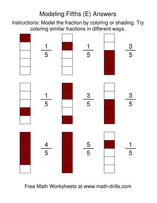 The Coloring Fraction Models -- Fifths (E) Math Worksheet Page 2
