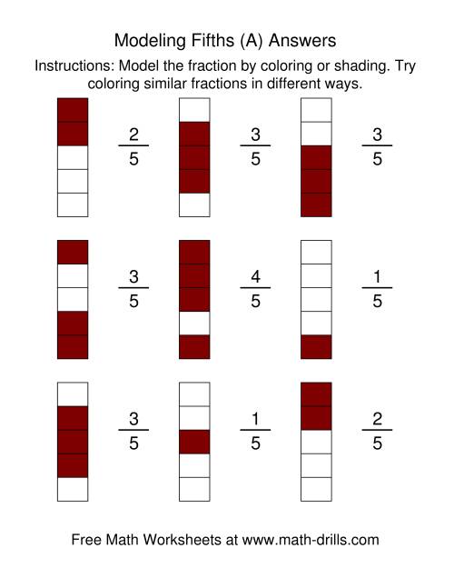 The Coloring Fraction Models -- Fifths (All) Math Worksheet Page 2