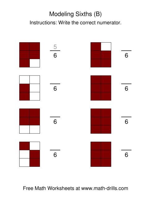 The Modeling Fractions -- Sixths (B) Math Worksheet