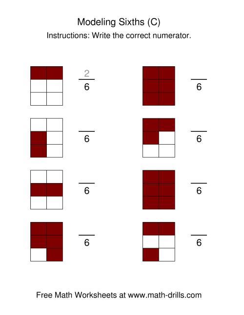 The Modeling Fractions -- Sixths (C) Math Worksheet