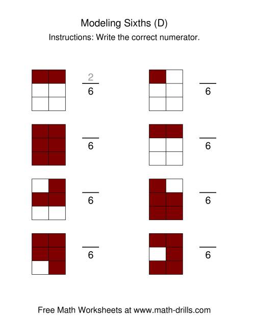 The Modeling Fractions -- Sixths (D) Math Worksheet