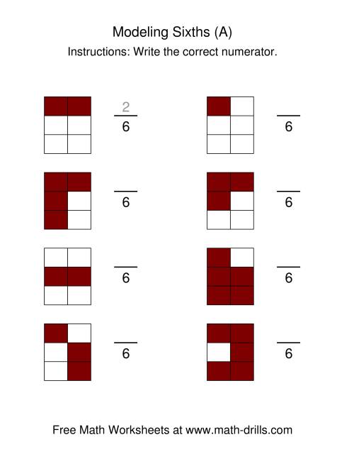 The Modeling Fractions -- Sixths (All) Math Worksheet