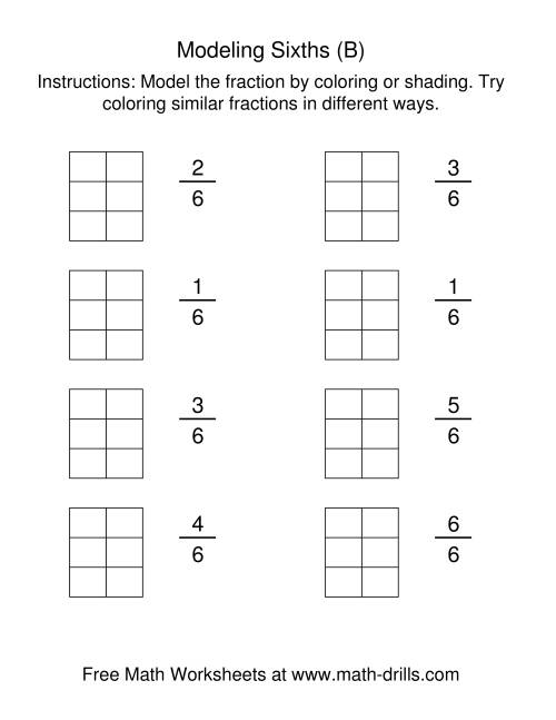 The Coloring Fraction Models -- Sixths (B) Math Worksheet