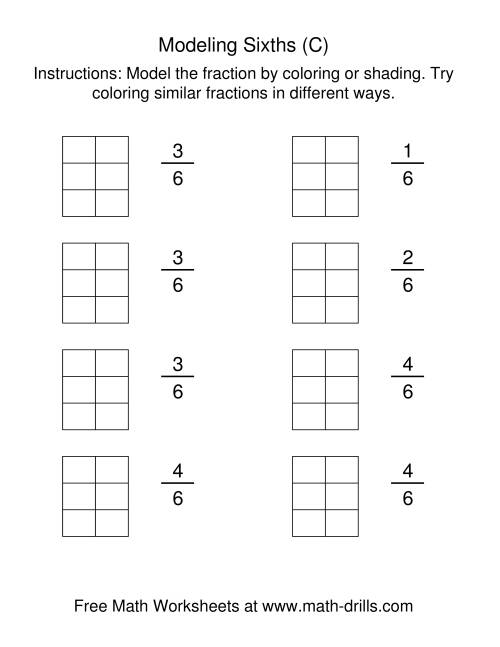 The Coloring Fraction Models -- Sixths (C) Math Worksheet