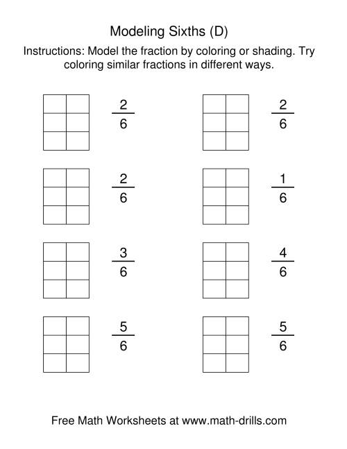 The Coloring Fraction Models -- Sixths (D) Math Worksheet