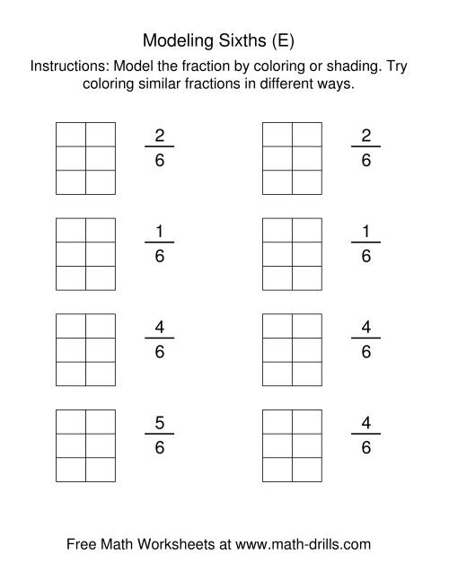 The Coloring Fraction Models -- Sixths (E) Math Worksheet