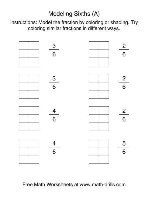 The Coloring Fraction Models -- Sixths (All) Math Worksheet