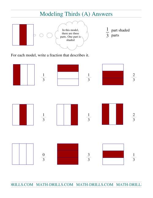 The Modeling Fractions -- Thirds (A) Math Worksheet Page 2