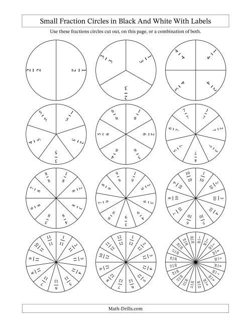 The Small Fraction Circles in Black And White With Labels Math Worksheet