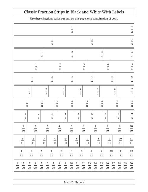 The Classic Fraction Strips in Black and White With Labels Math Worksheet
