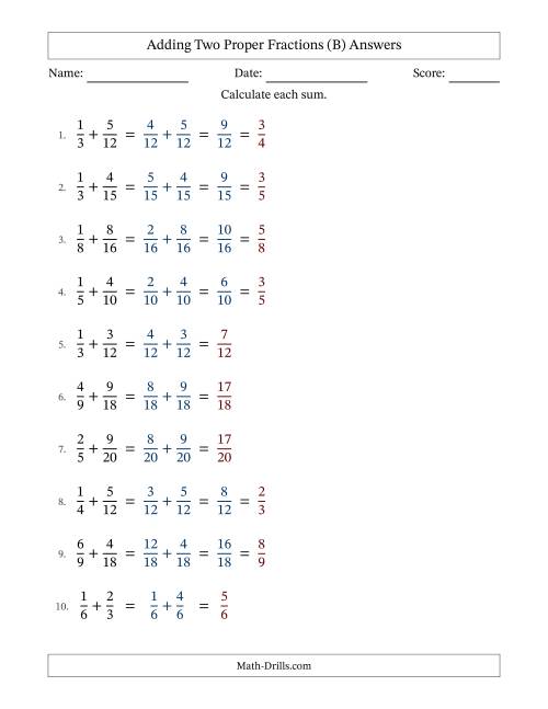The Adding Fractions with Easy-to-Find Common Denominators (B) Math Worksheet Page 2