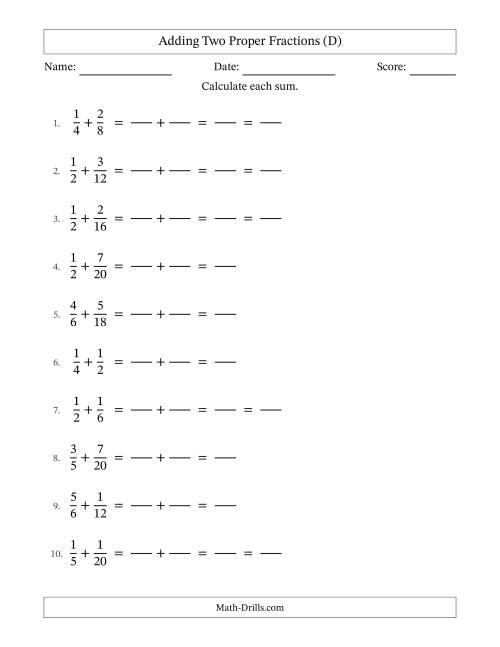 The Adding Fractions with Easy-to-Find Common Denominators (D) Math Worksheet